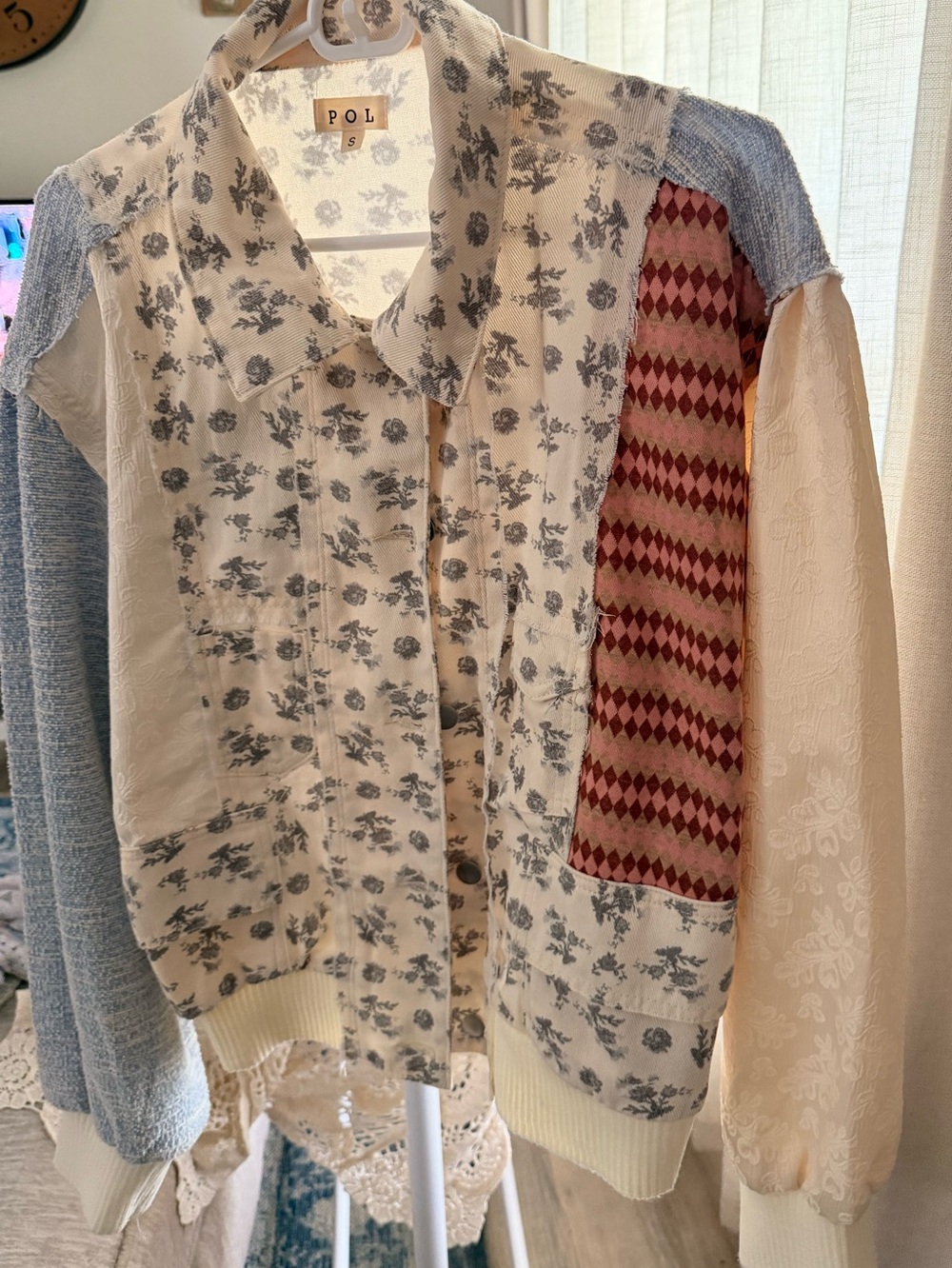 POL Patchwork Bomber Jacket in Cream, Blue and Red
